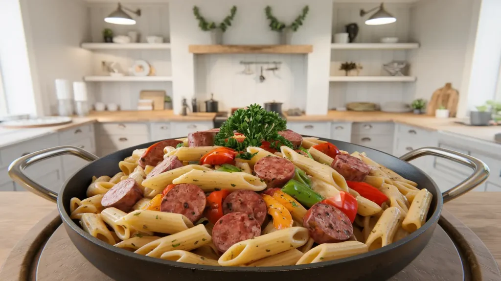 "Step-by-step process of making Cajun sausage pasta in a skillet"