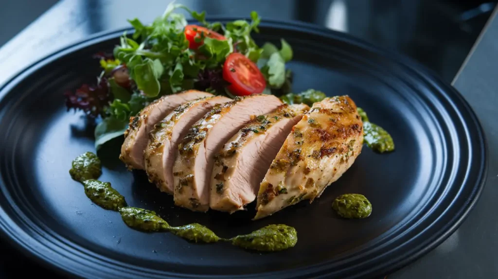Baked chicken with pesto sauce topped with melted mozzarella cheese in a baking dish