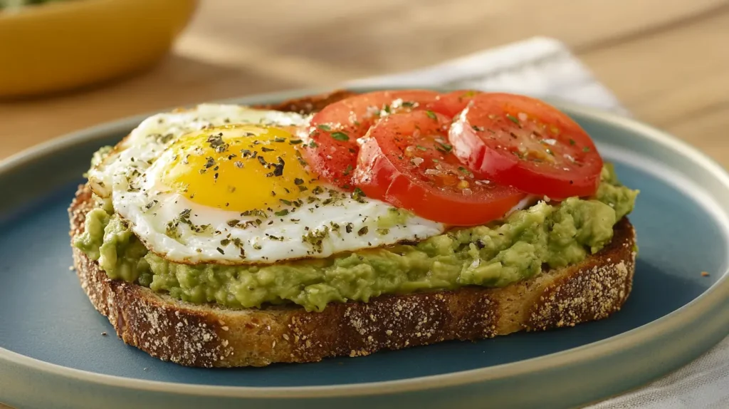 A slice of whole-grain toast topped with mashed avocado, a fried egg, and sliced tomatoes,