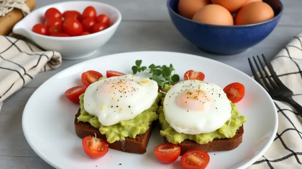 Avocado Toast With A Microwave Poached Egg, Served With Spinach