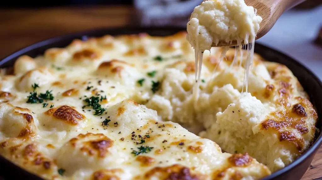 A delicious cauliflower gratin baked to perfection with golden melted cheese and fresh herbs.