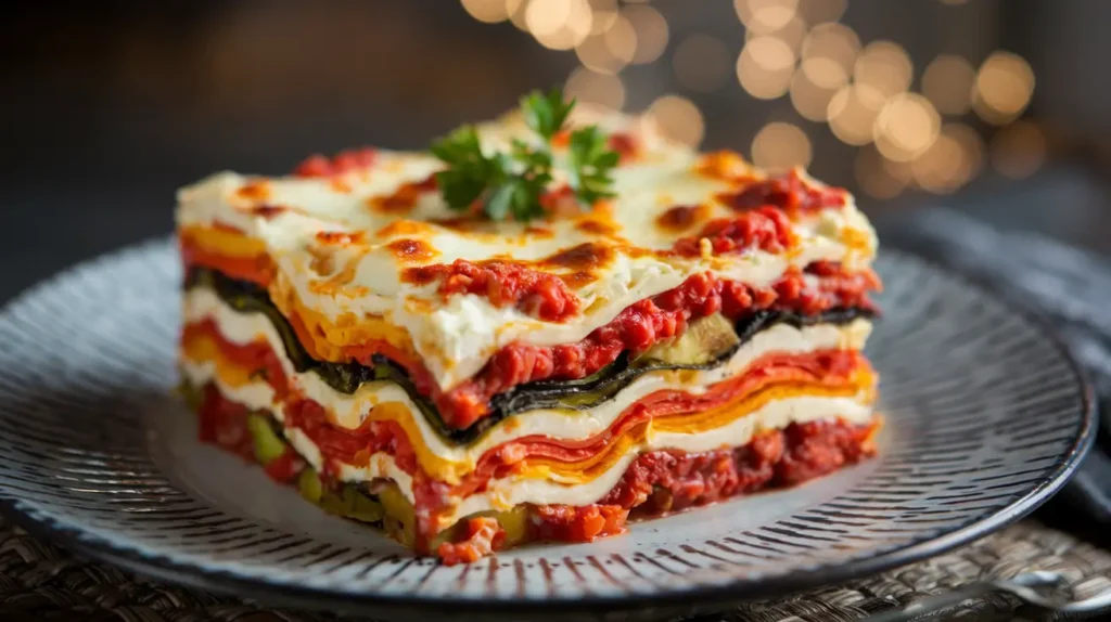 Mediterranean lasagna layered with fresh vegetables, cheese, and tomato sauce.
