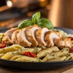 Plate of Chicken Creamy Pesto Pasta with parmesan and basil garnish