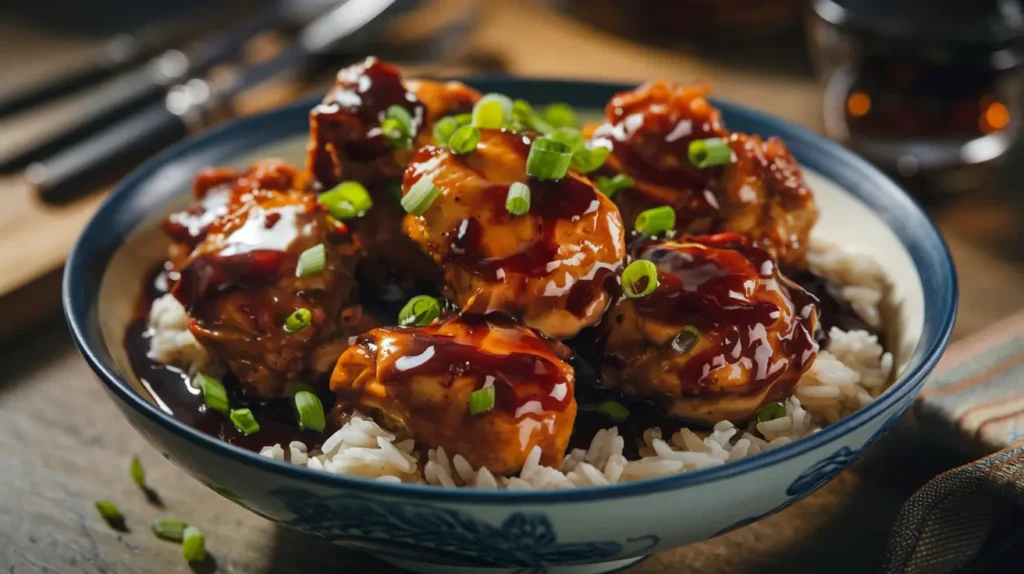 Easy bourbon chicken recipe garnished with green onions and sesame seeds