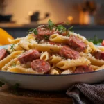 Creamy Cajun sausage pasta served in a skillet with garnished parsley