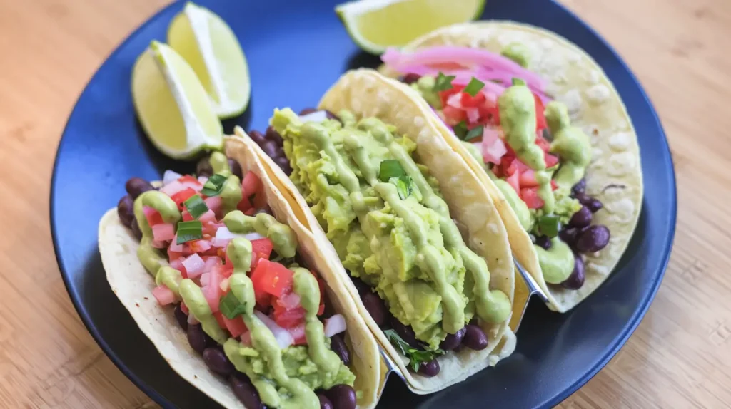 Delicious vegetarian tacos recipes with fresh vegetables, beans, and salsa