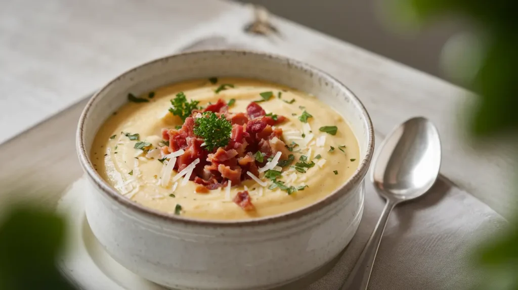 Homemade potato soup recipe served in a bread bowl