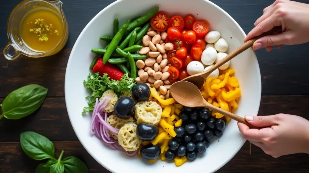 Vibrant Vegetarian Antipasto Salad On A Wooden Platter.