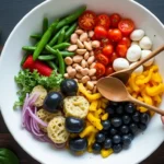 Vibrant Vegetarian Antipasto Salad On A Wooden Platter.