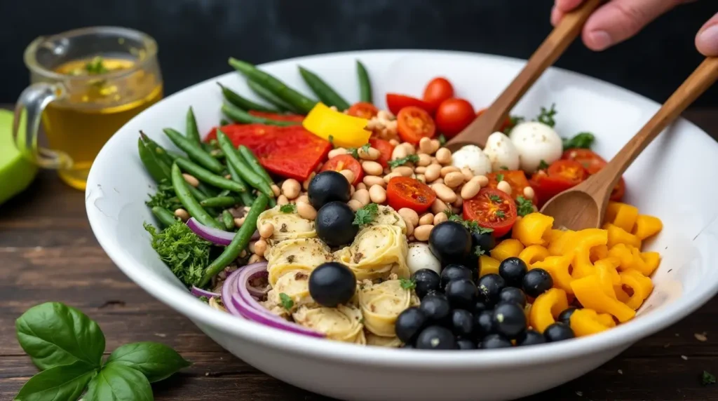 Vibrant Vegetarian Antipasto Salad On A Wooden Platter