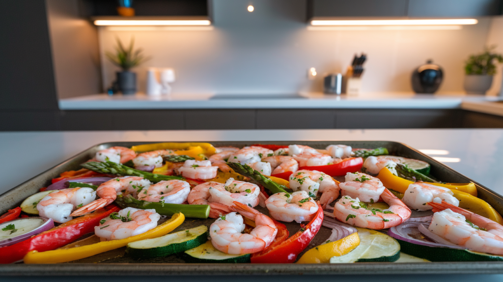 a pan of shrimp and vegetables