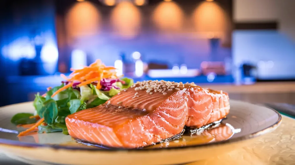 Salmon fillets cooking in a skillet with a honey garlic glaze