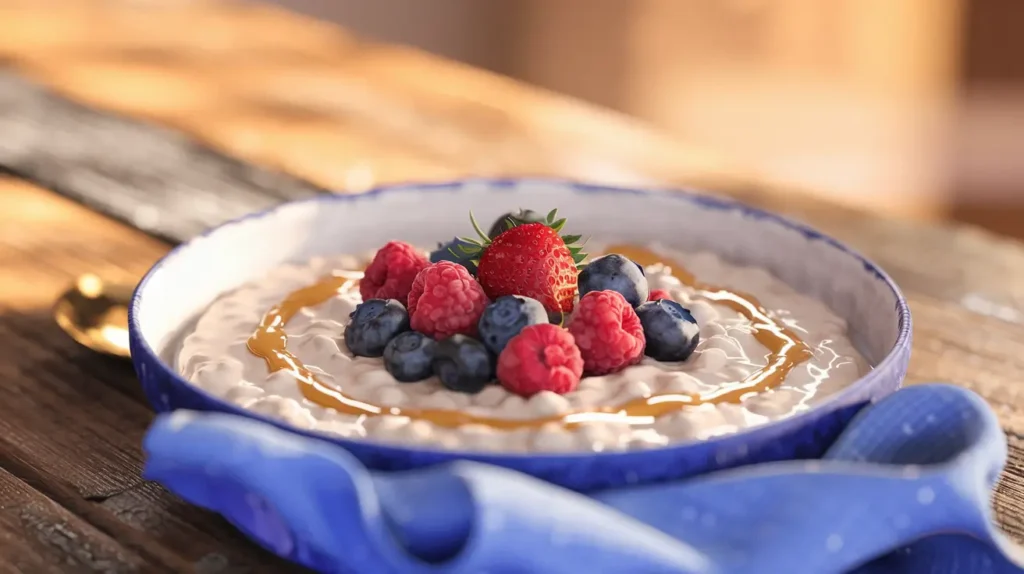 Creamy porridge served with a colorful topping of fresh berries and a drizzle of honey.