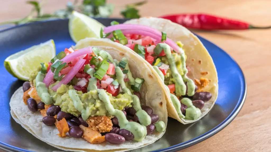 Step-by-step preparation of vegetarian tacos recipes with roasted vegetables and tortillas.