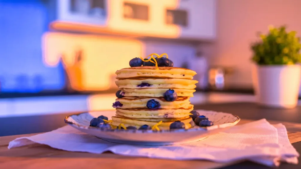 Mixing lemon blueberry ricotta pancake batter with fresh ingredients.
