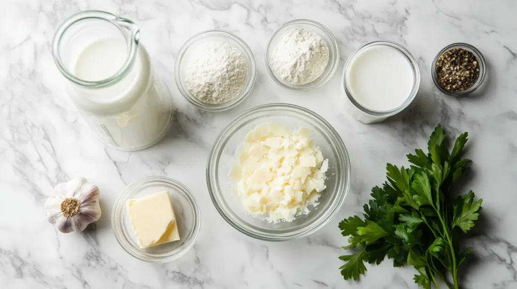 Ingredients for homemade Alfredo sauce arranged on a marble countertop, including milk, heavy cream, butter, flour, grated Parmesan cheese, minced garlic, black pepper, and fresh parsley.