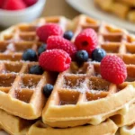 Golden Brown American Waffles With Fresh Berries And Syrup On A Rustic Table