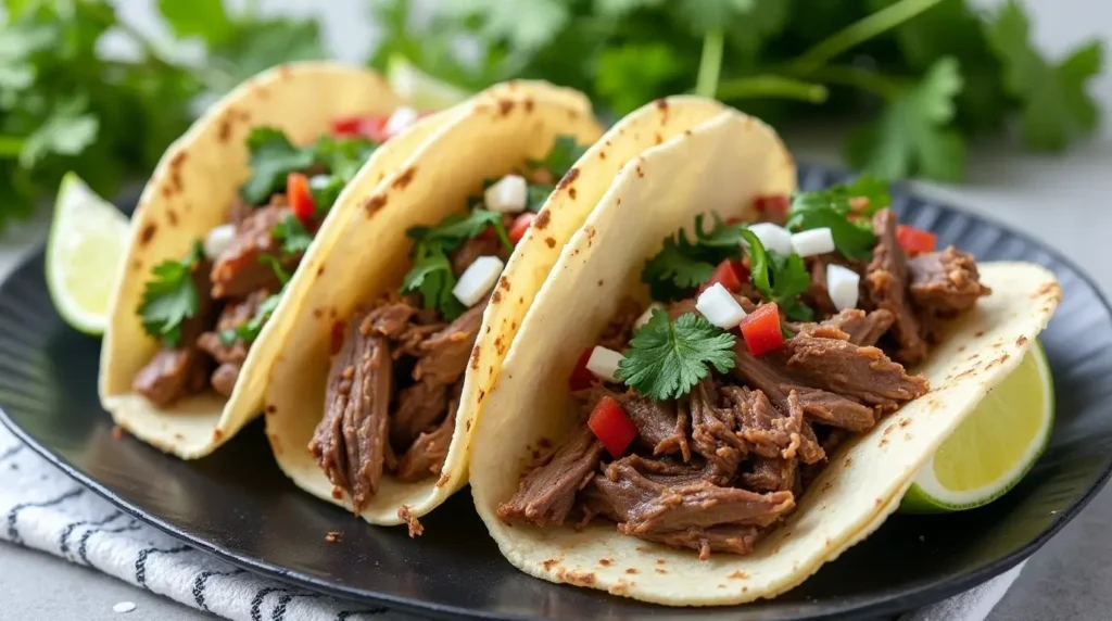 Slow cooker filled with Mexican shredded beef and fresh ingredients.