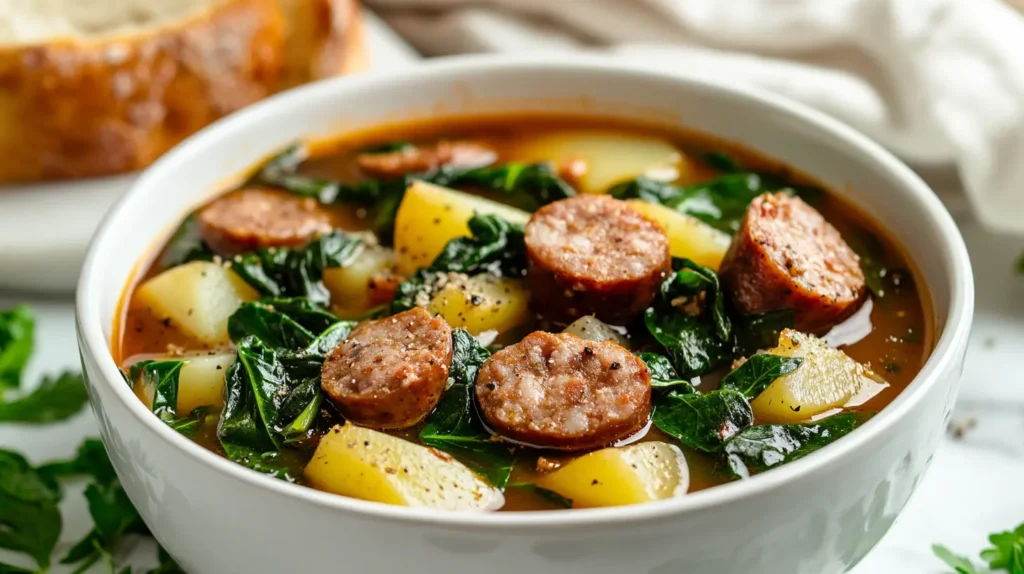 Sausage Potatoes Soup: A close-up of a bowl filled with sausage, potato, and spinach soup, garnished with black pepper and served with crusty bread.