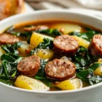 A close-up of a bowl filled with sausage, potato, and spinach soup, garnished with black pepper, served with a side of crusty bread.