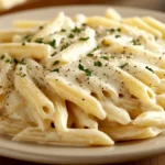 A plate of penne pasta coated in creamy Alfredo sauce, garnished with black pepper and fresh parsley.