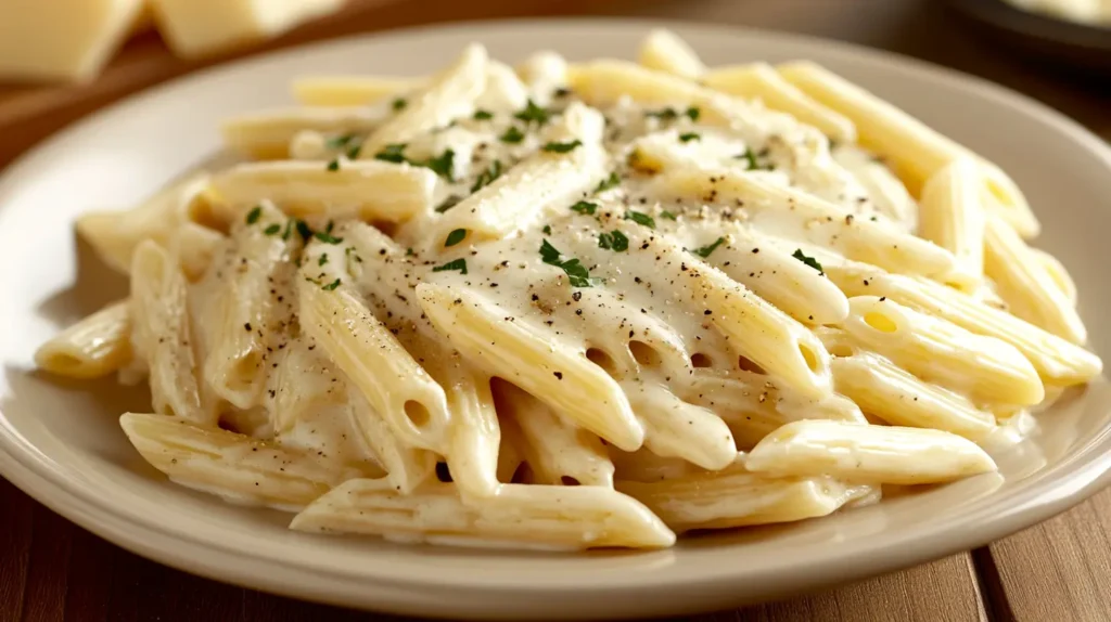 A plate of penne pasta coated in creamy Alfredo sauce, garnished with black pepper and fresh parsley.