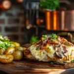 A chicken breast topped with melted cheese, bacon, and mushrooms, served with roasted baby potatoes and a side salad on a wooden board.