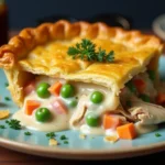 Golden-brown easy chicken pot pie casserole in a baking dish