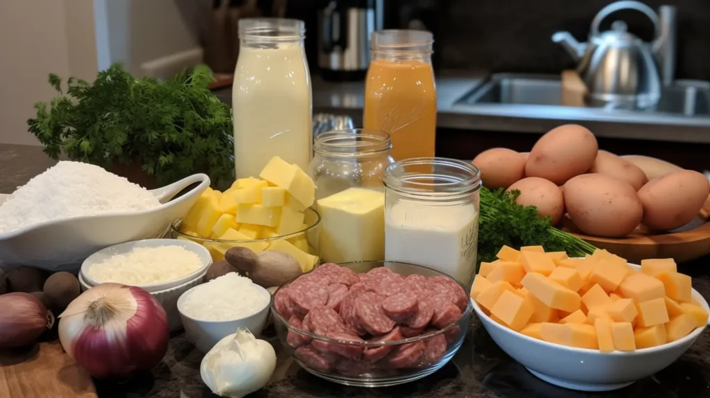 A modern kitchen countertop filled with fresh ingredients, including eggs, cheese, butter, milk, and sausage.