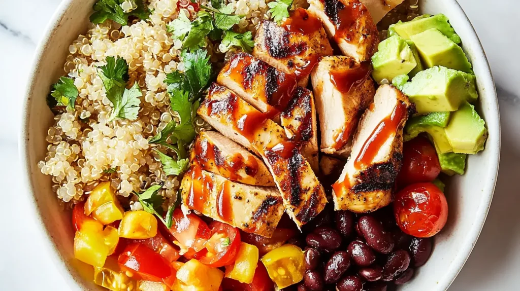 A Bbq Protein Bowl With Grilled Chicken, Quinoa, And Fresh Vegetables