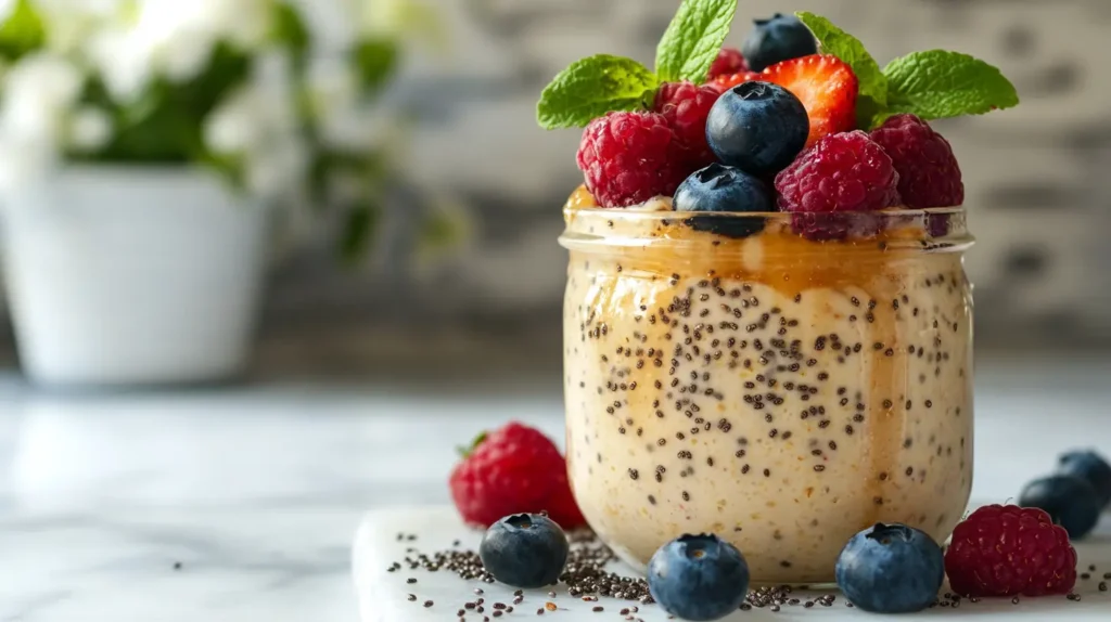 Creamy Blended Overnight Oats In A Jar Topped With Fresh Berries