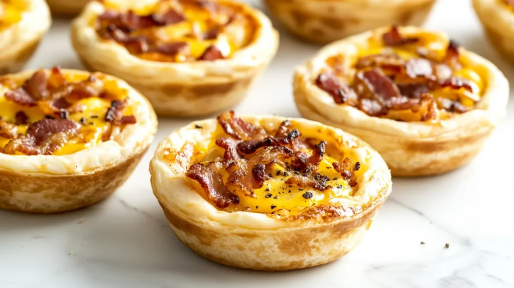 Freshly Prepared Bacon Egg And Cheese Breakfast Cups On A White Marble Surface