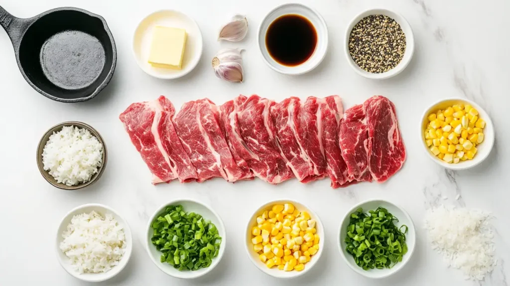 Key Ingredients For Making Pepper Lunch At Home, Including Beef, Rice, And Sauce