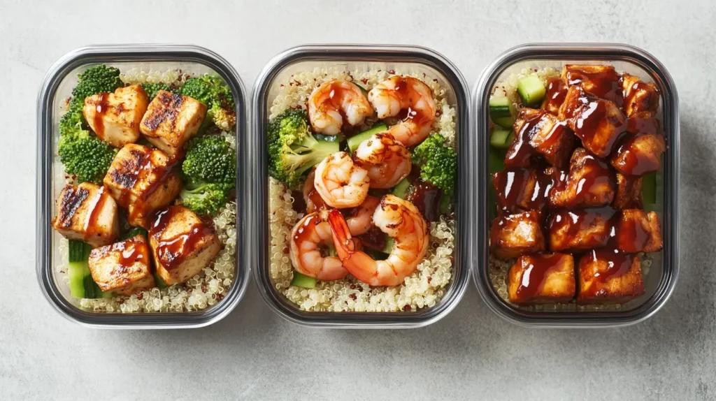 Meal Prep Containers Filled With Bbq Protein Bowls