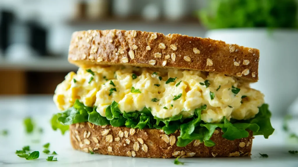 Perfect Egg Salad Sandwich On Wooden Board