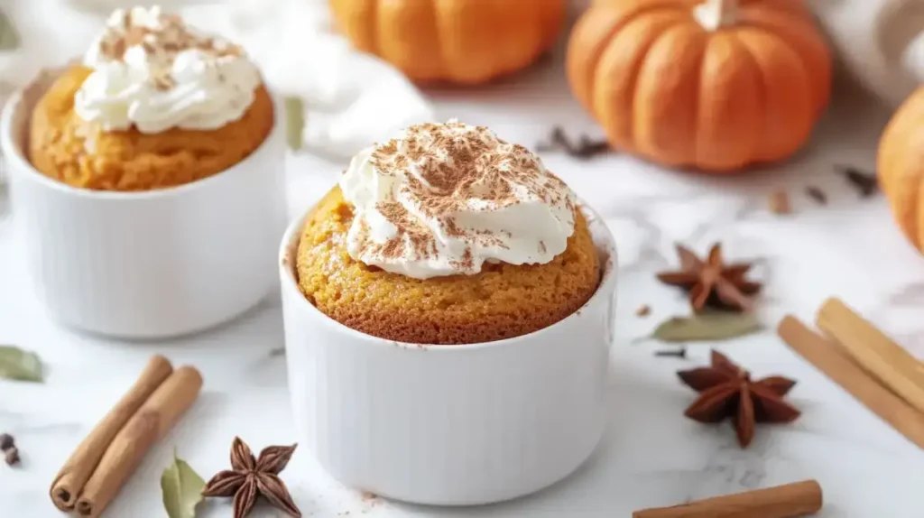 Warm Pumpkin Mug Cake With Whipped Cream..