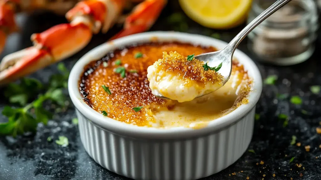 rab brûlée in a ramekin with a caramelized sugar crust