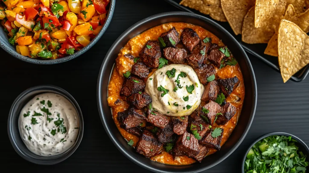 Top View Of Smoked Steak Queso Dip Served In A Bowl, Garnished With Cilantro, Accompanied By Tortilla Chips, Creamy Sauce, Fresh Salsa, And Chopped Cilantro.