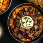 Top View Of Smoked Steak Queso Dip Served In A Bowl, Garnished With Cilantro, Accompanied By Tortilla Chips, Creamy Sauce, Fresh Salsa, And Chopped Cilantro.