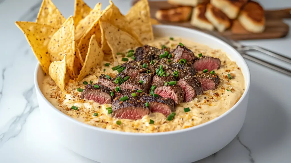 A bowl of creamy smoked steak queso dip topped with tender steak slices, garnished with chopped chives, and served with crispy tortilla chips on a marble countertop.
