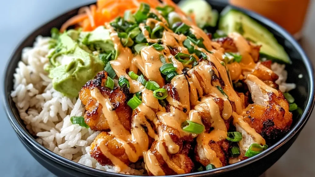 Bang Bang Chicken Bowl Topped With Spicy Creamy Sauce, Garnished With Chopped Green Onions, Served Over White Rice With Avocado, Carrots, And Cucumber Slices.