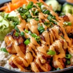 Bang Bang Chicken Bowl Topped With Spicy Creamy Sauce, Garnished With Chopped Green Onions, Served Over White Rice With Avocado, Carrots, And Cucumber Slices.