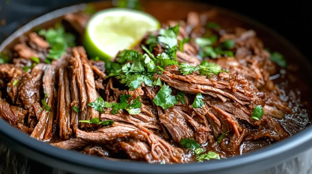 Cooker Barbacoa Beef Topped With Fresh Cilantro And Lime In A Rich Sauce