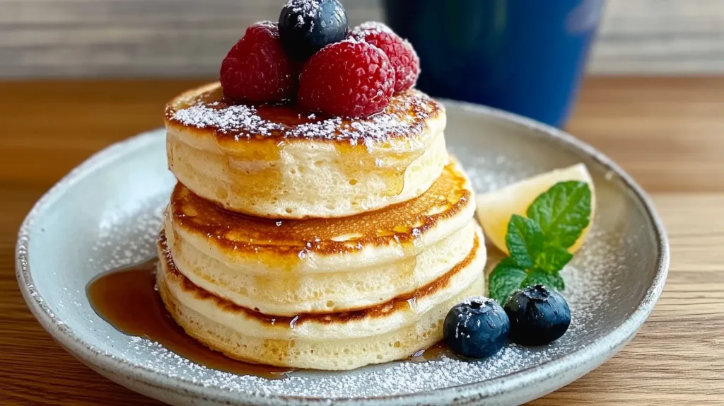 Fluffy Japanese Soufflé Pancakes Topped With Powdered Sugar, Maple Syrup, And Fresh Berries On A Breakfast Plate