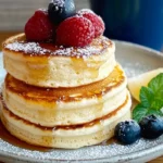 Fluffy Japanese Soufflé Pancakes Topped With Powdered Sugar, Maple Syrup, And Fresh Berries On A Breakfast Plate