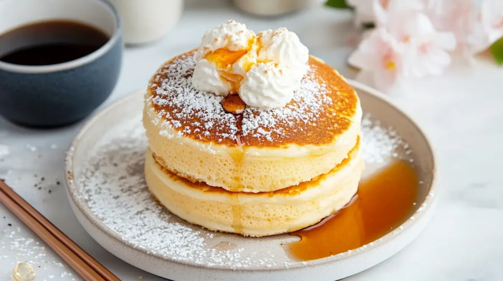 Fluffy Japanese Soufflé Pancakes Topped With Whipped Cream, Powdered Sugar, And Maple Syrup On A White Ceramic Plate